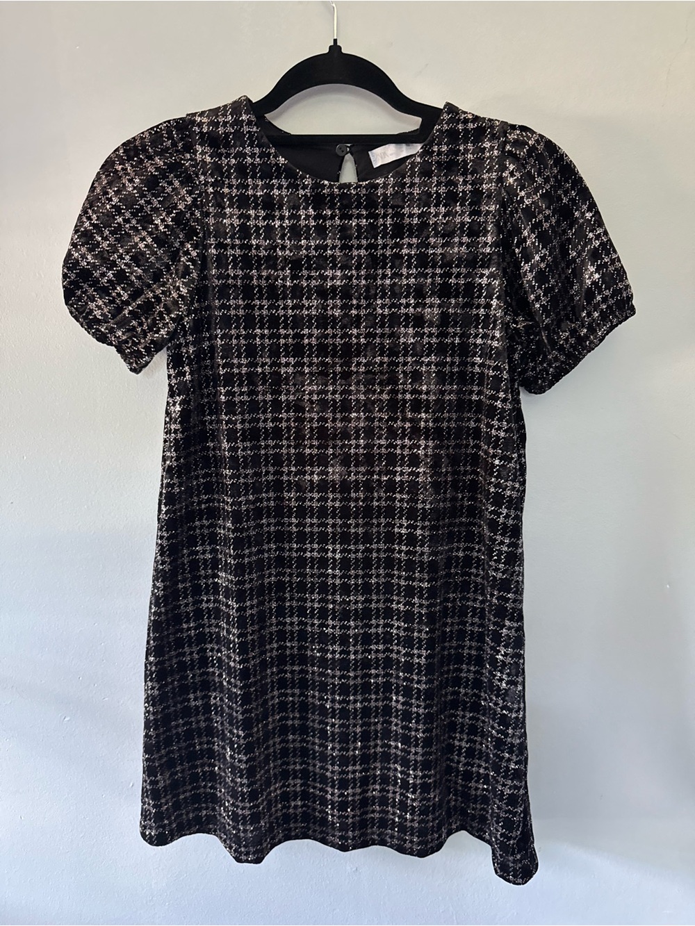 Zara Kids Black Velvet Houndstooth Puff Sleeve Holiday Party Dress Size 10 (140)